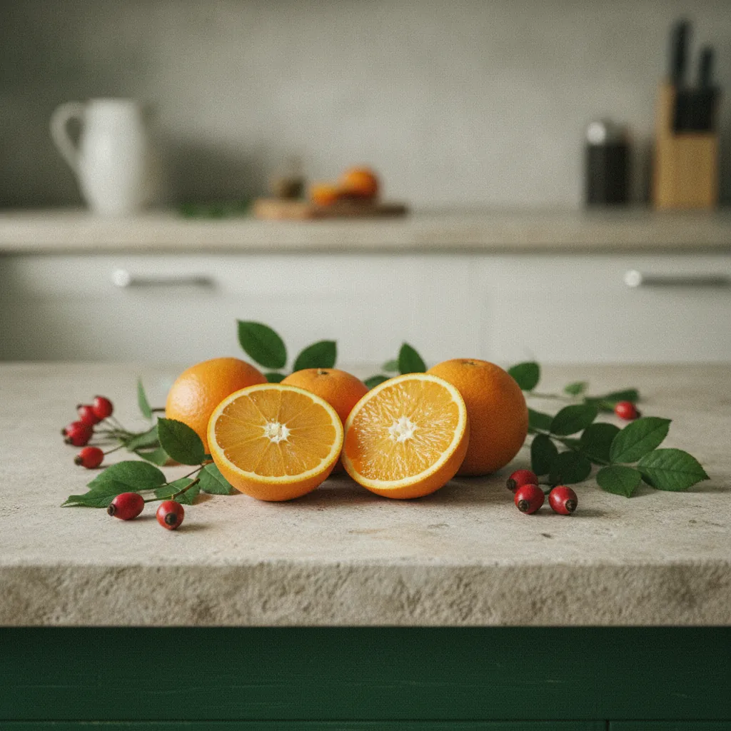 Friske citroner og appelsiner på et lyst køkkenbord - naturlig kilde til vitamin C
