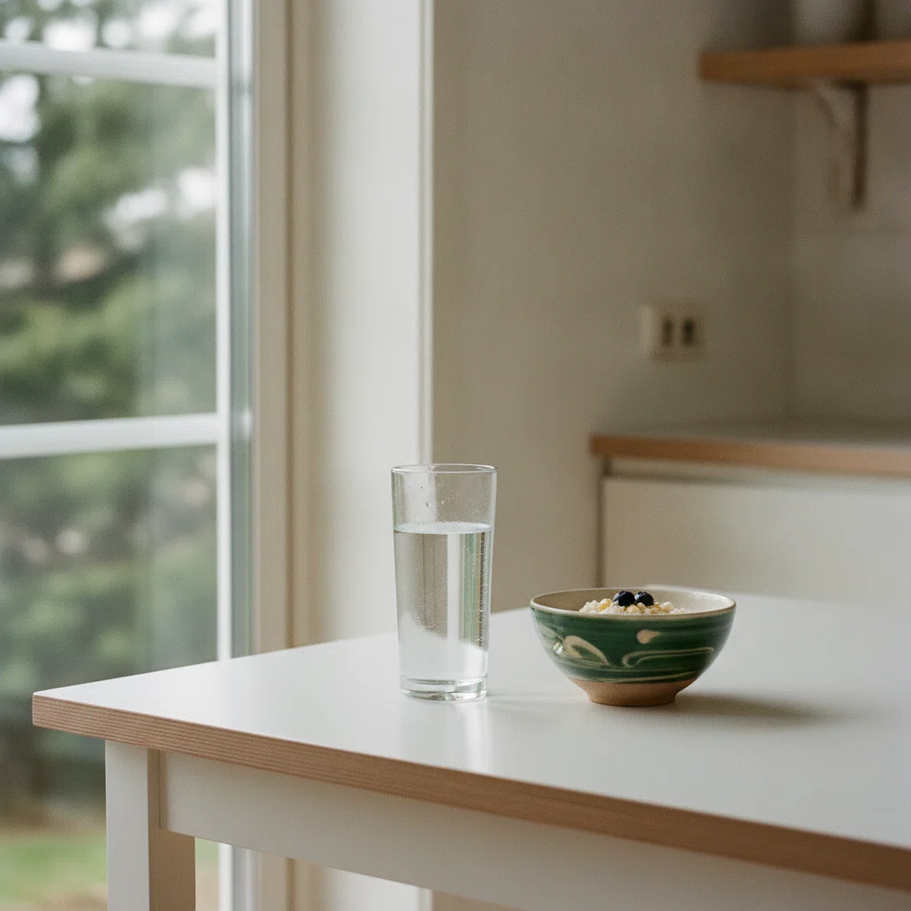 Et glas vand og en frisk morgenmad på et lyst bord ved et vindue